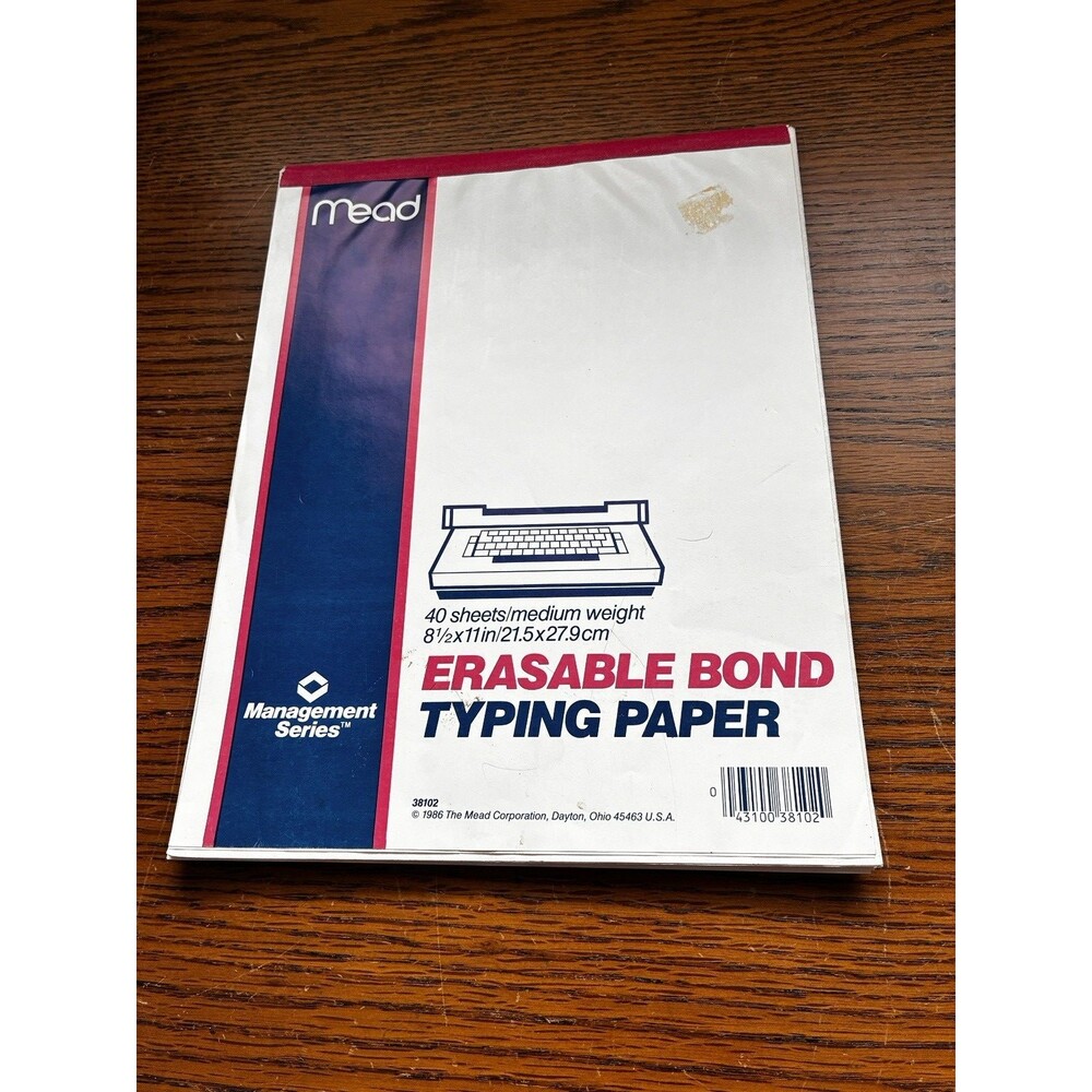 Vtg Mead Typing Paper 40 Sheet Pad   8-1/2" x 11", White 38102 Med. Weight 1986